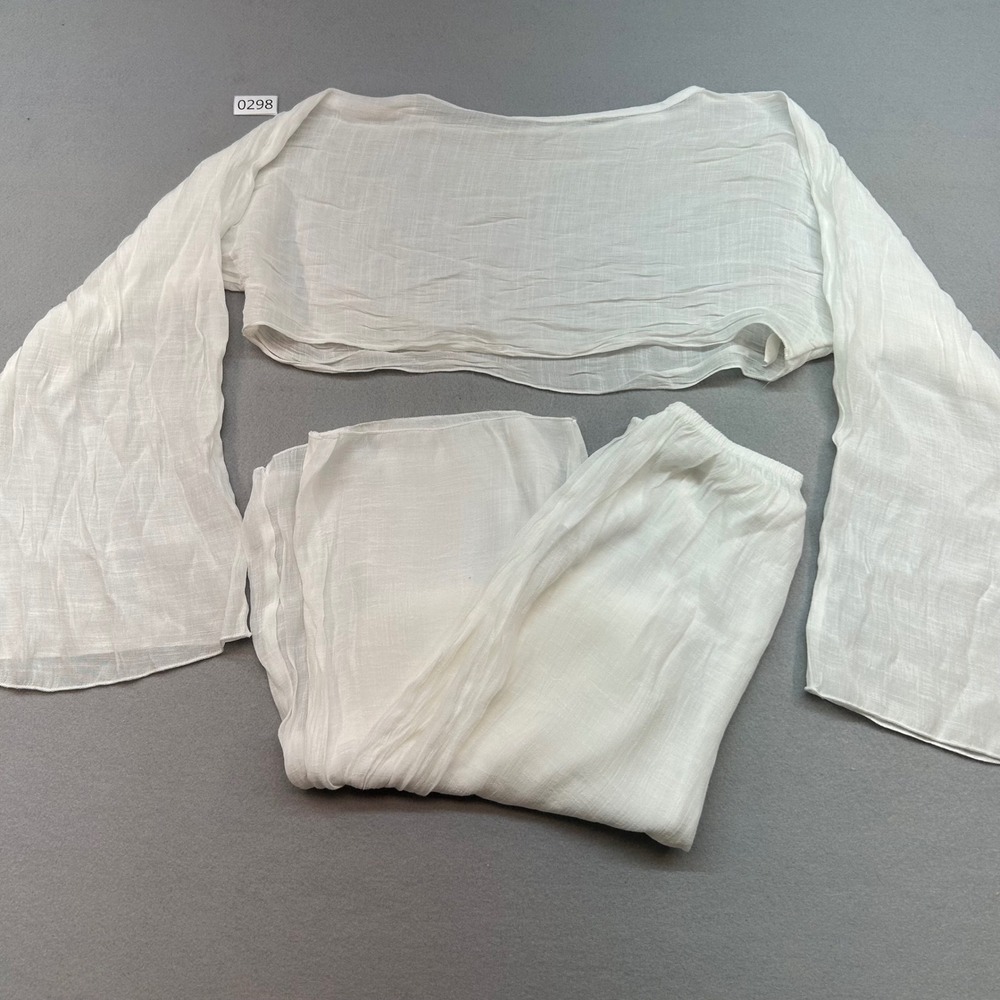 Women White Gauze 2 Piece Set Crop Top Wide Leg Pants Beach Cover Up M